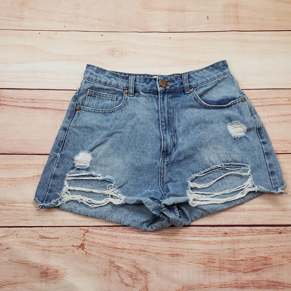 Cotton‎ On High Flashback Shorts Womens USA 6 Blue Distressed Denim Cutoff